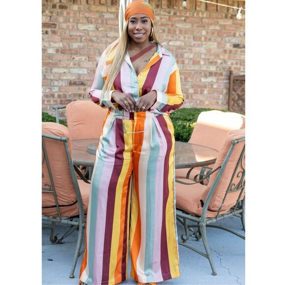 Fe Noel Pants - Fe Noel x target Multi-Color Vertical Strip Blouse and Wide Leg Pant Set